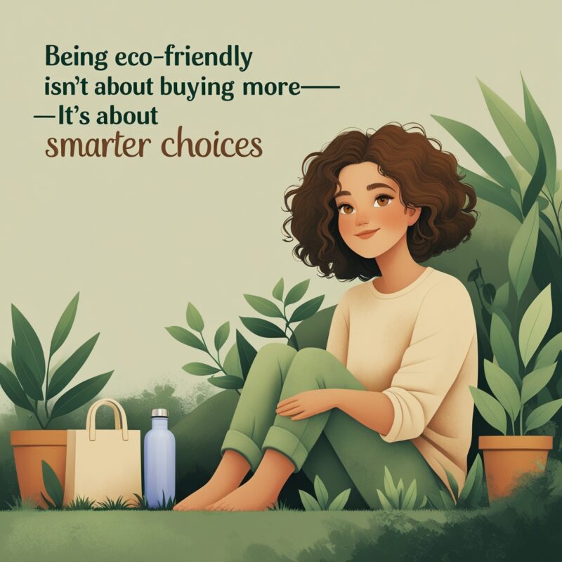 Eco-living isn’t about perfection, it’s about intention. Illustration of a young woman sitting peacefully among potted plants, accompanied by a reusable water bottle and a cloth bag. The quote reads, 'Being eco-friendly isn’t about buying more — it’s about smarter choices,' highlighting mindful and sustainable living