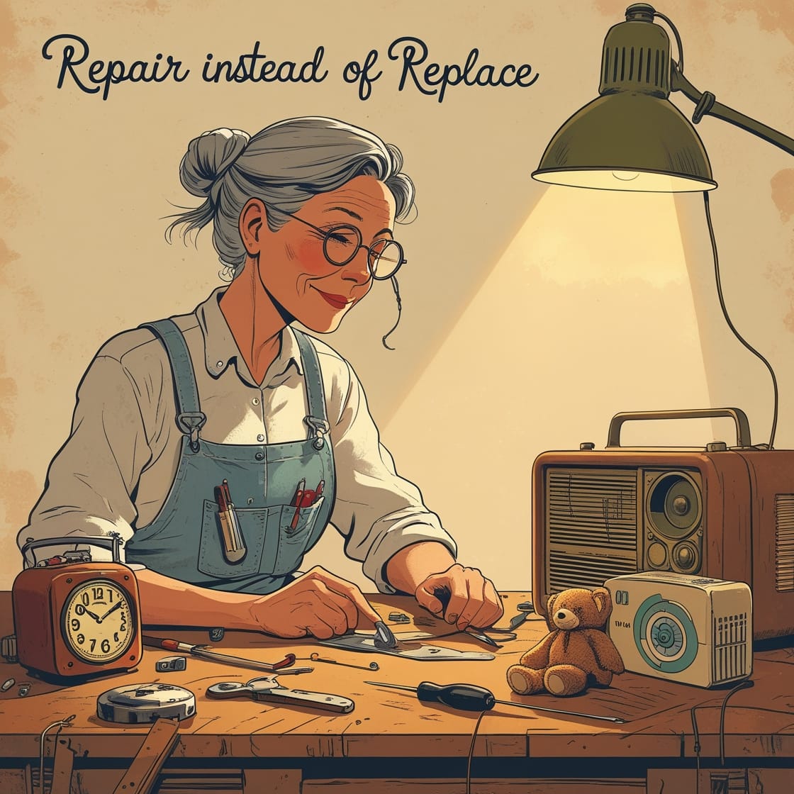 Illustration promoting repair of clothes and household items instead of replacement