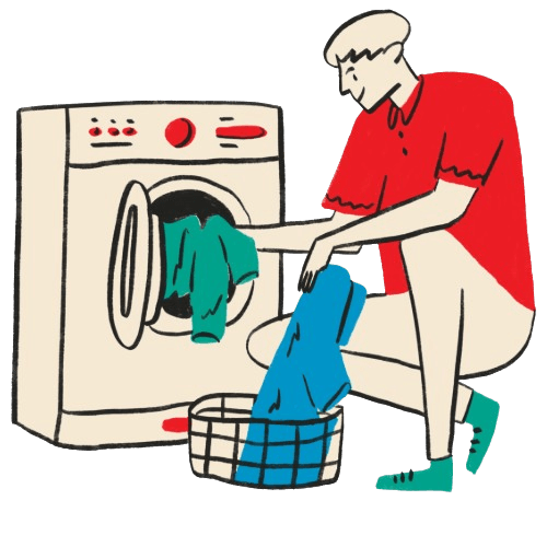 An illustration of a person in a red shirt and beige pants loading clothes into a washing machine. The person is kneeling beside a laundry basket, placing a blue garment into the machine, symbolizing eco-friendly laundry practices such as washing clothes in cold water
