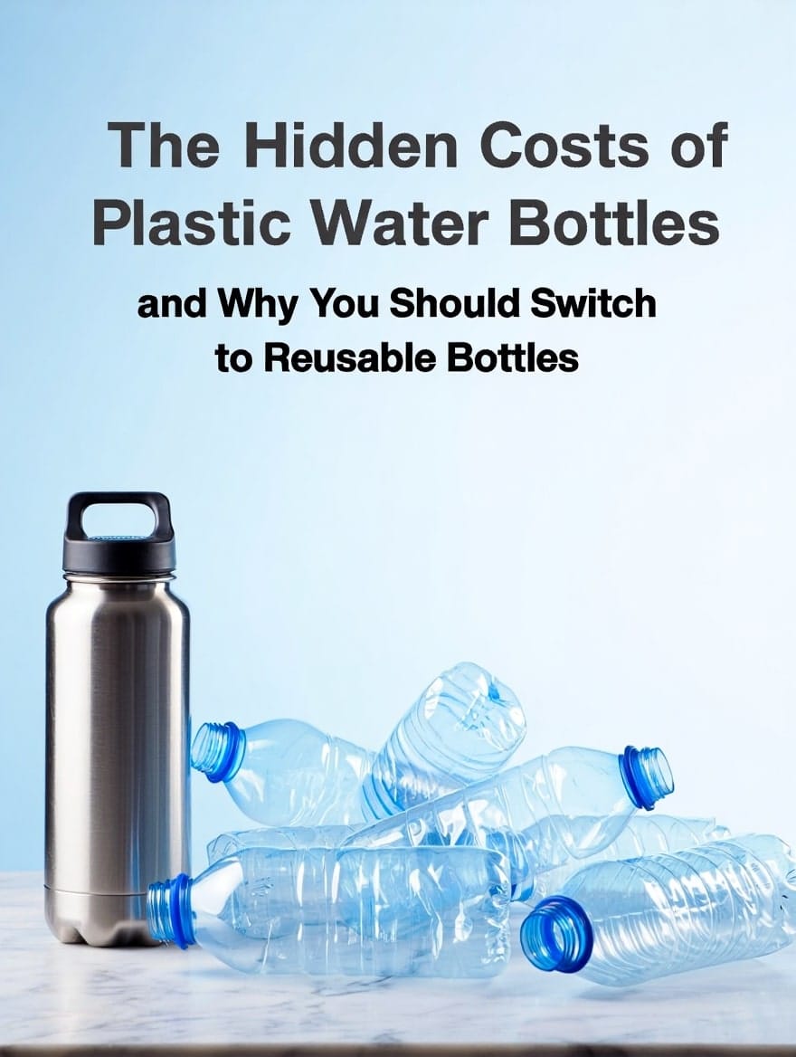 A stainless steel reusable water bottle standing next to several crushed plastic bottles, symbolizing the environmental costs of single-use plastics.