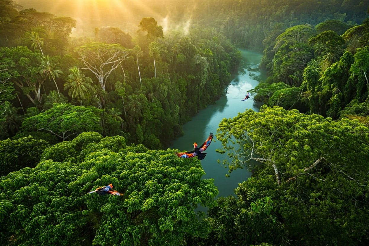 What Is Environment: Aerial view of a lush green forest with a river flowing through it