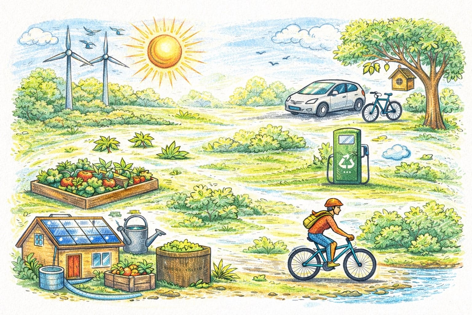 Illustration showing Best Tips for Sustainable Living in 2026 like solar energy, cycling, gardening, recycling, and eco-friendly transportation.