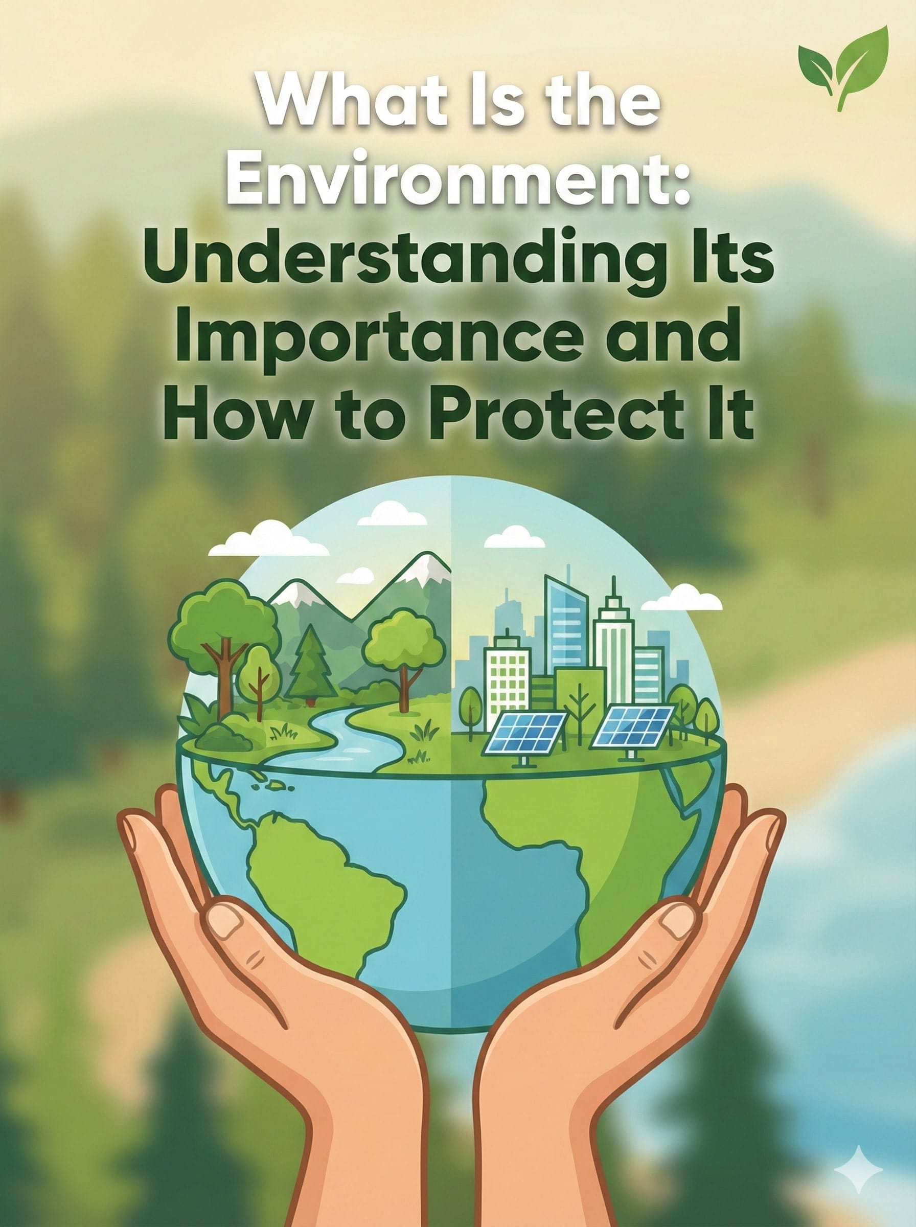Illustration of hands gently holding a globe that blends lush nature with a sustainable city, featuring the blog post title text: 'What Is the Environment: Understanding Its Importance and How to Protect It' against a soft nature background.