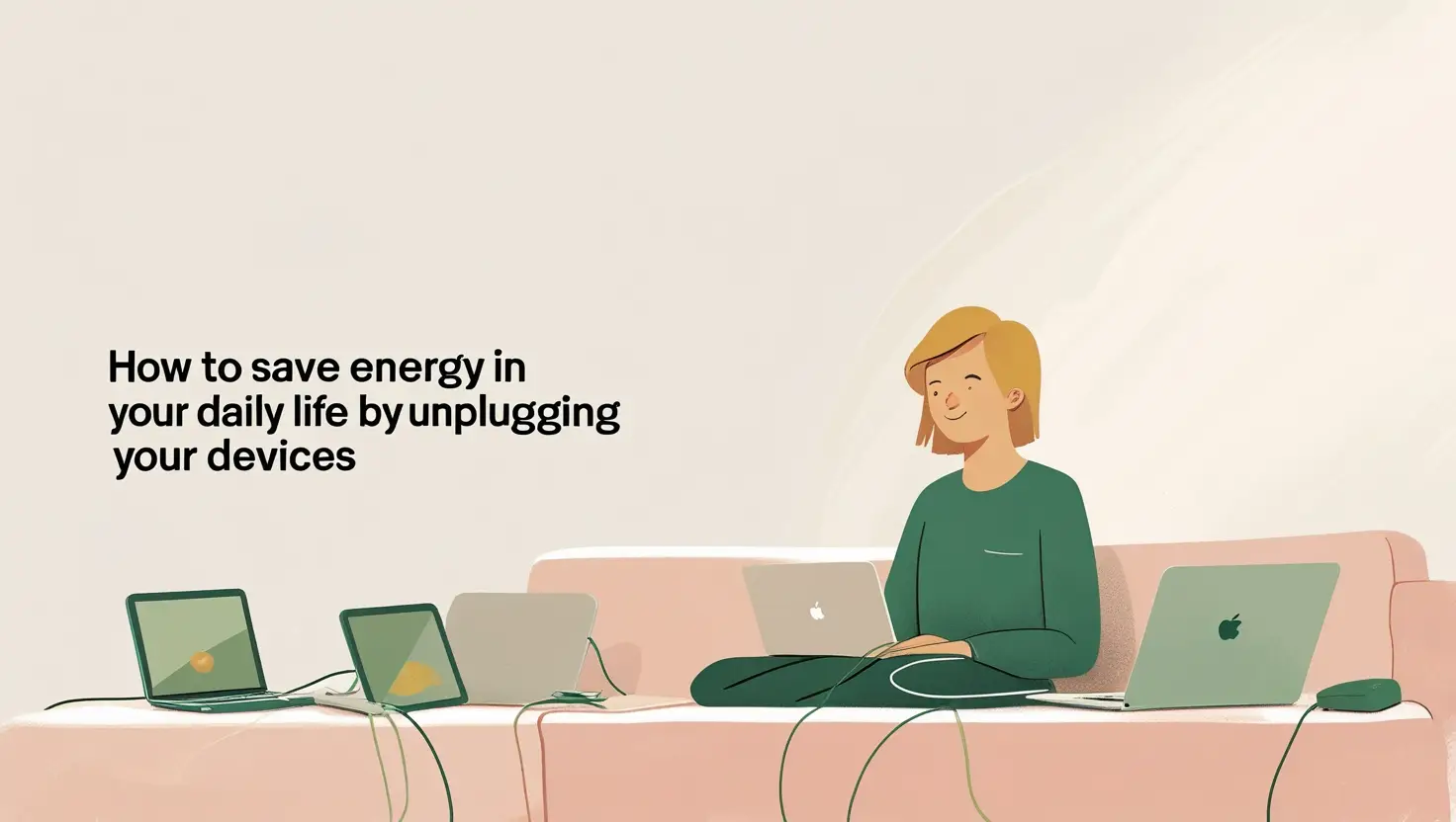 Illustration of a person sitting on a couch surrounded by multiple plugged-in laptops and tablets, with text reading "How to save energy in your daily life by unplugging your devices.
