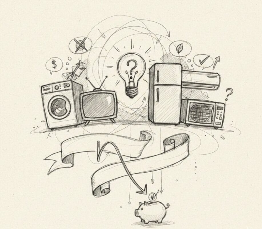 Illustration of household appliances showing Appliance Energy Consumption and standby power usage.