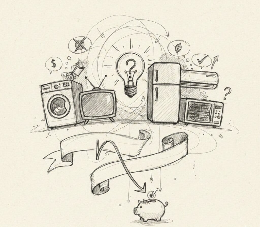 Illustration of household appliances showing Appliance Energy Consumption and standby power usage.