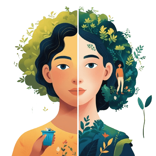 Illustration of a woman with half her hair transformed into greenery, symbolizing eco-conscious living
