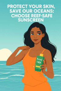 Illustration of a woman holding a bottle labeled "Reef Safe" at the beach, promoting awareness about what is reef-safe sunscreen?