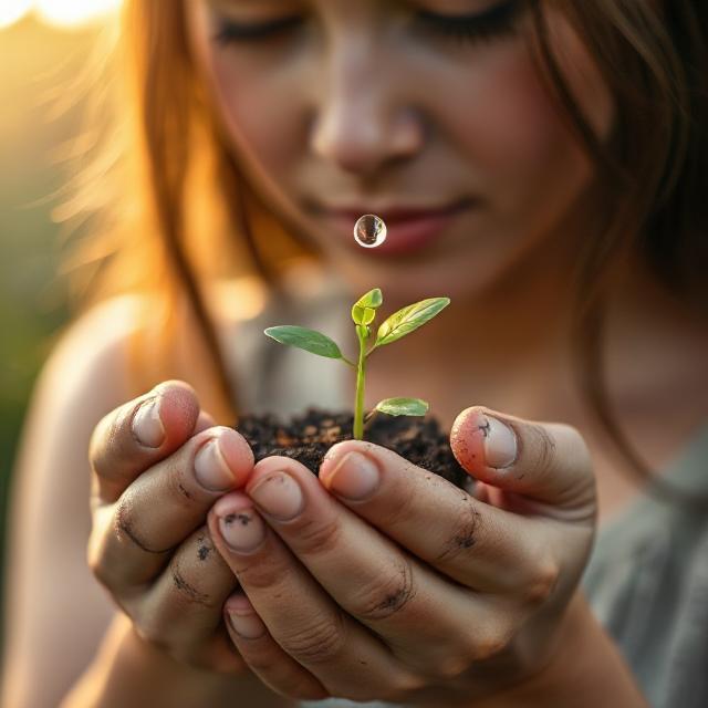 A smiling woman holds soil in her hands symbolizing care and sustainability.