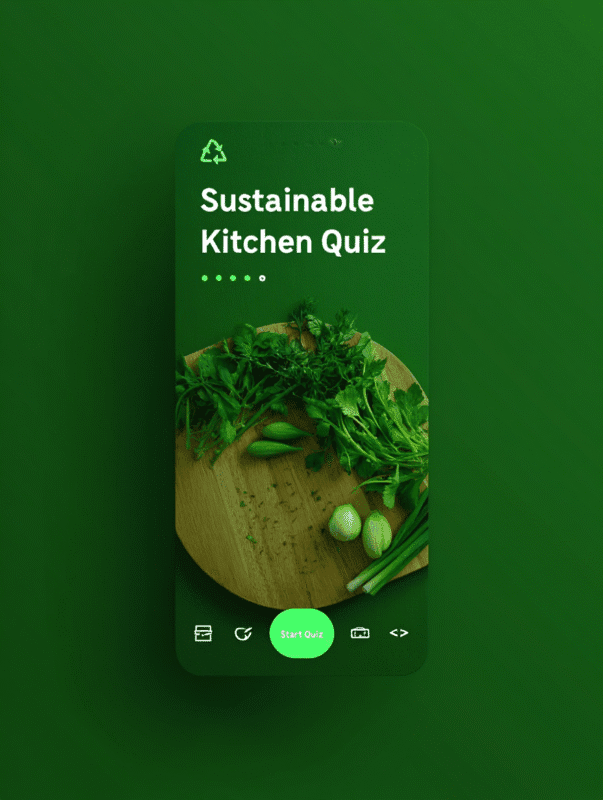 Sustainable Kitchen Quiz with fresh green herbs on cutting board