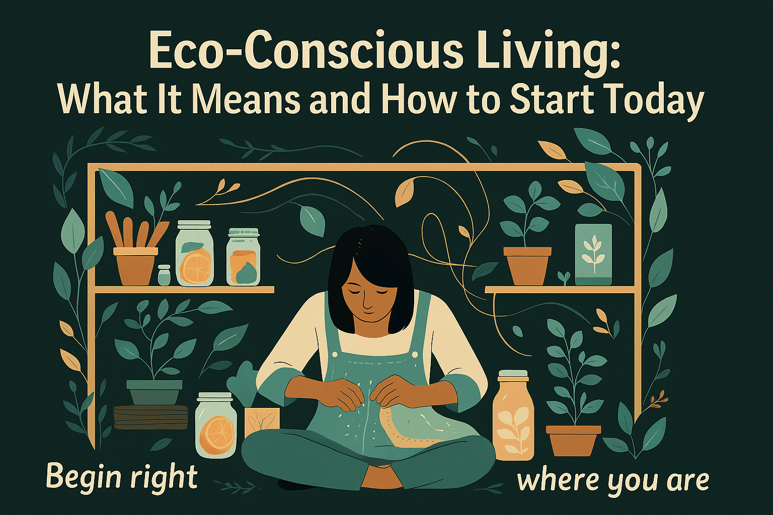 Eco-Conscious Living: Illustration of a woman surrounded by plants and eco-friendly items, practicing sustainable habits with the quote “Begin right where you are