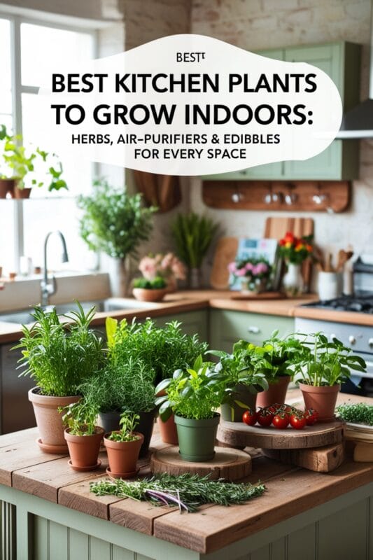 Best Indoor kitchen plants with vibrant green plants like basil, mint, and spinach in pots on a wooden counter.