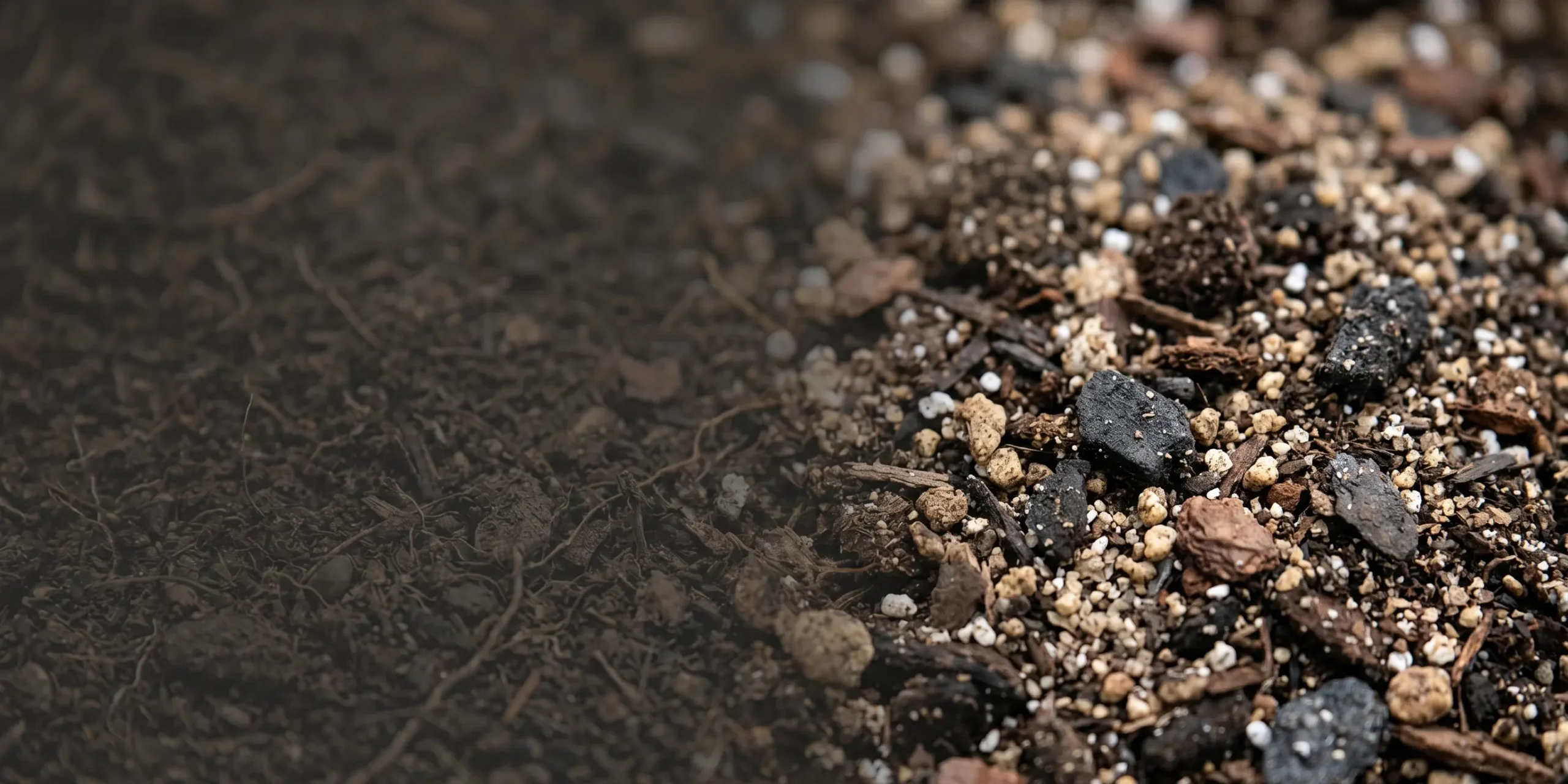 A close-up view of a nutrient-rich organic soil mix featuring a blend of dark earth, compost, and small pebbles for optimal plant drainage.