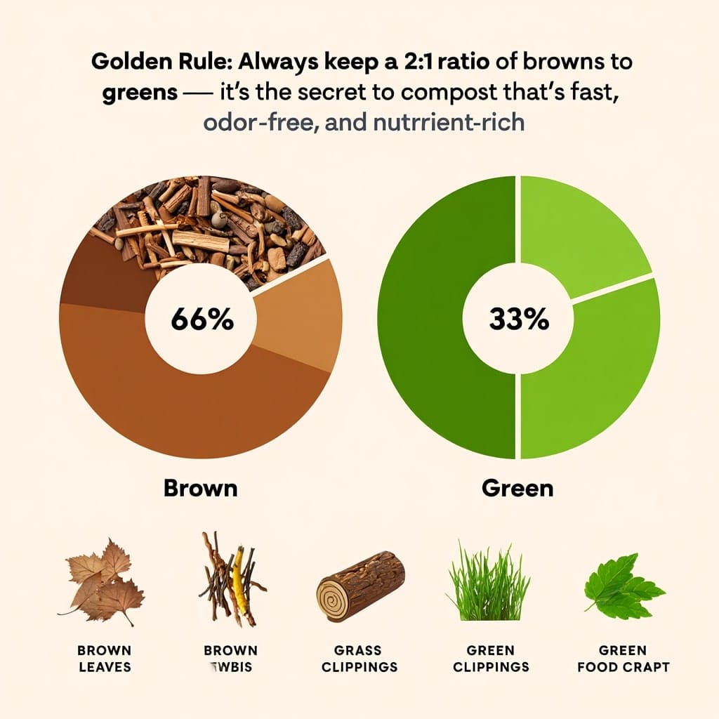 Pie chart showing 66% browns and 33% greens composting ratio.