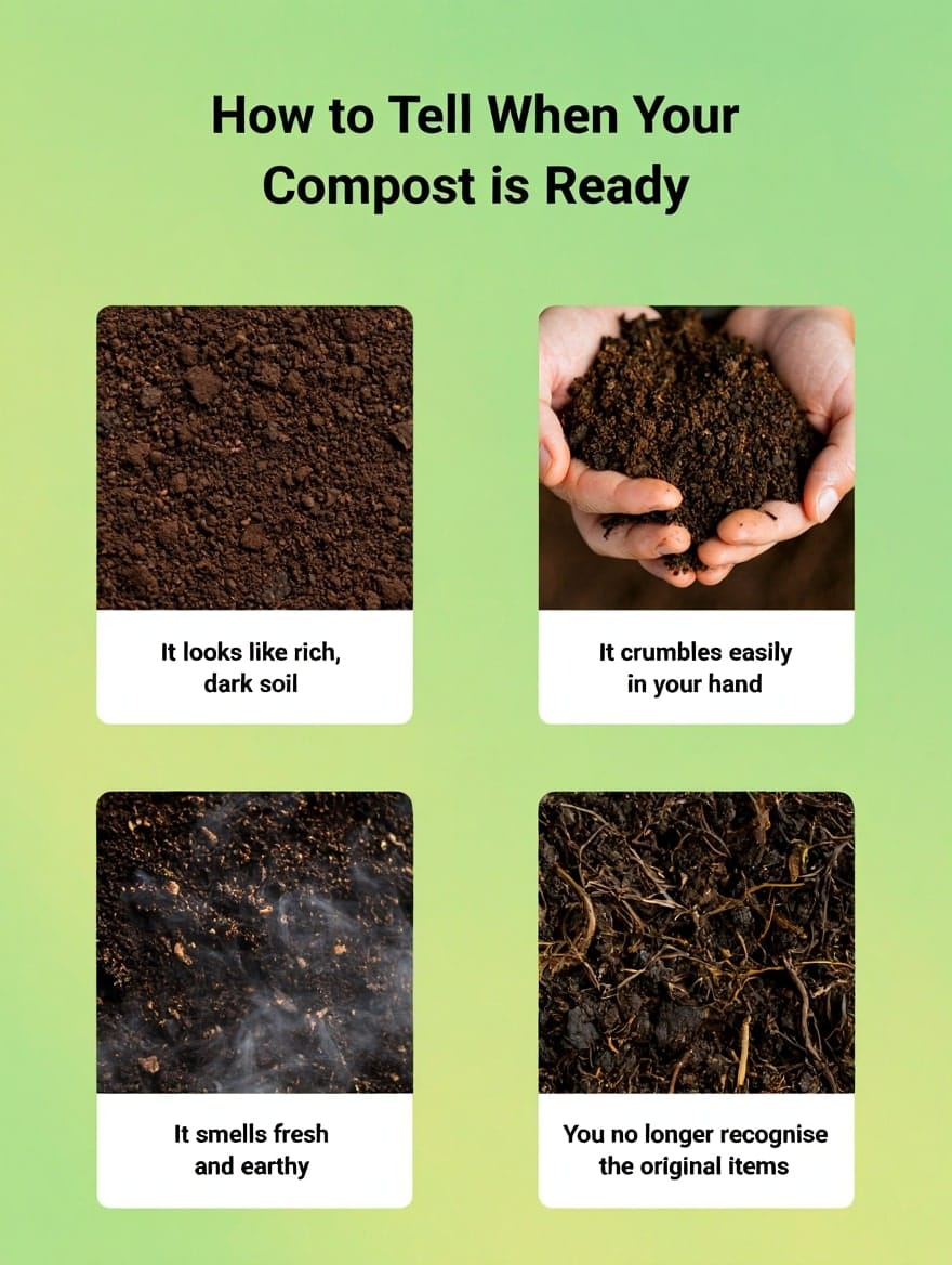 Infographic showing signs of finished compost.