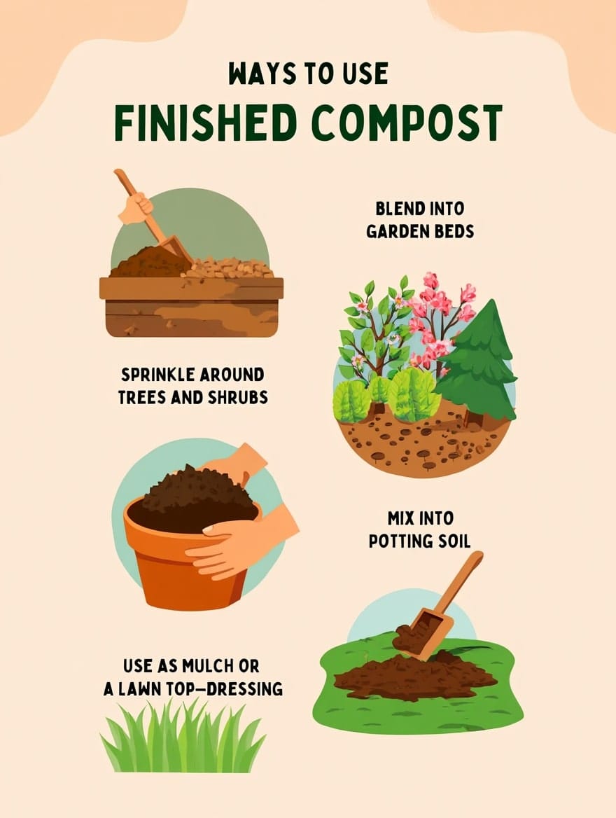 Infographic showing different uses for finished compost.