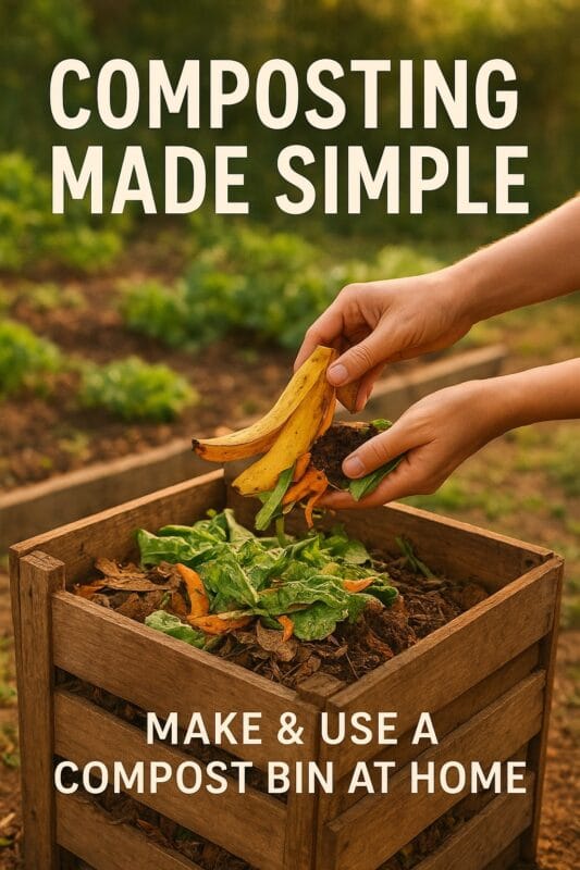 Hands placing banana peel, vegetable scraps, and coffee grounds into a rustic wooden compost bin in a sunny garden.
