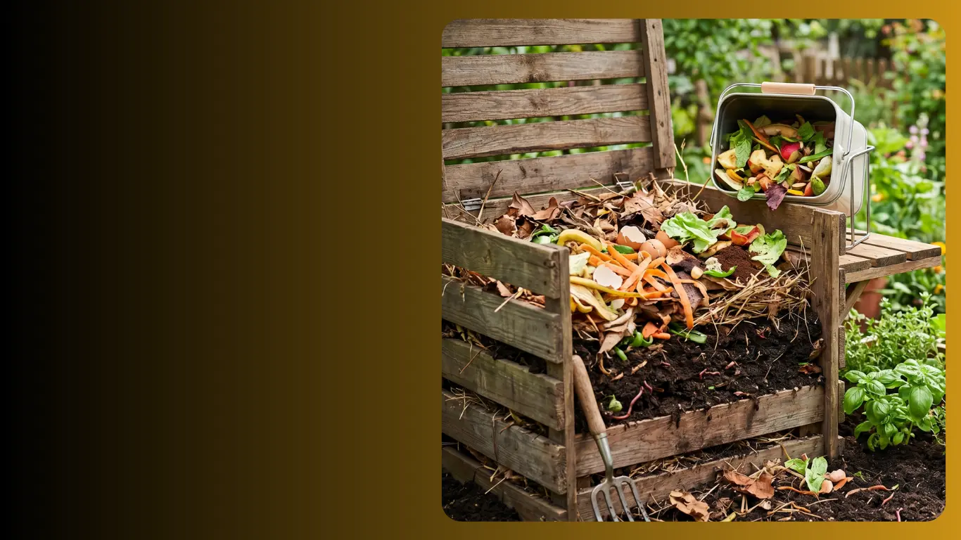 How to Compost Kitchen Waste at Home filled with kitchen waste and dry leaves for home composting