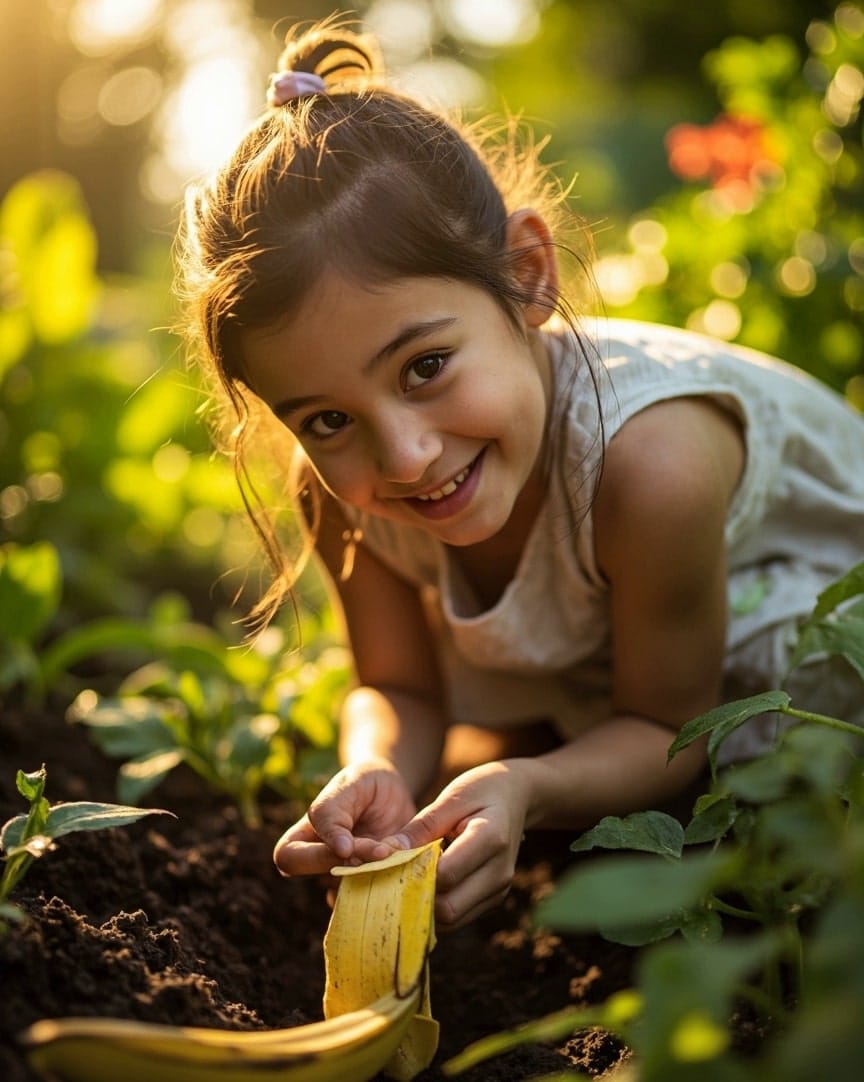 Smiling child holding a banana peel in a garden.