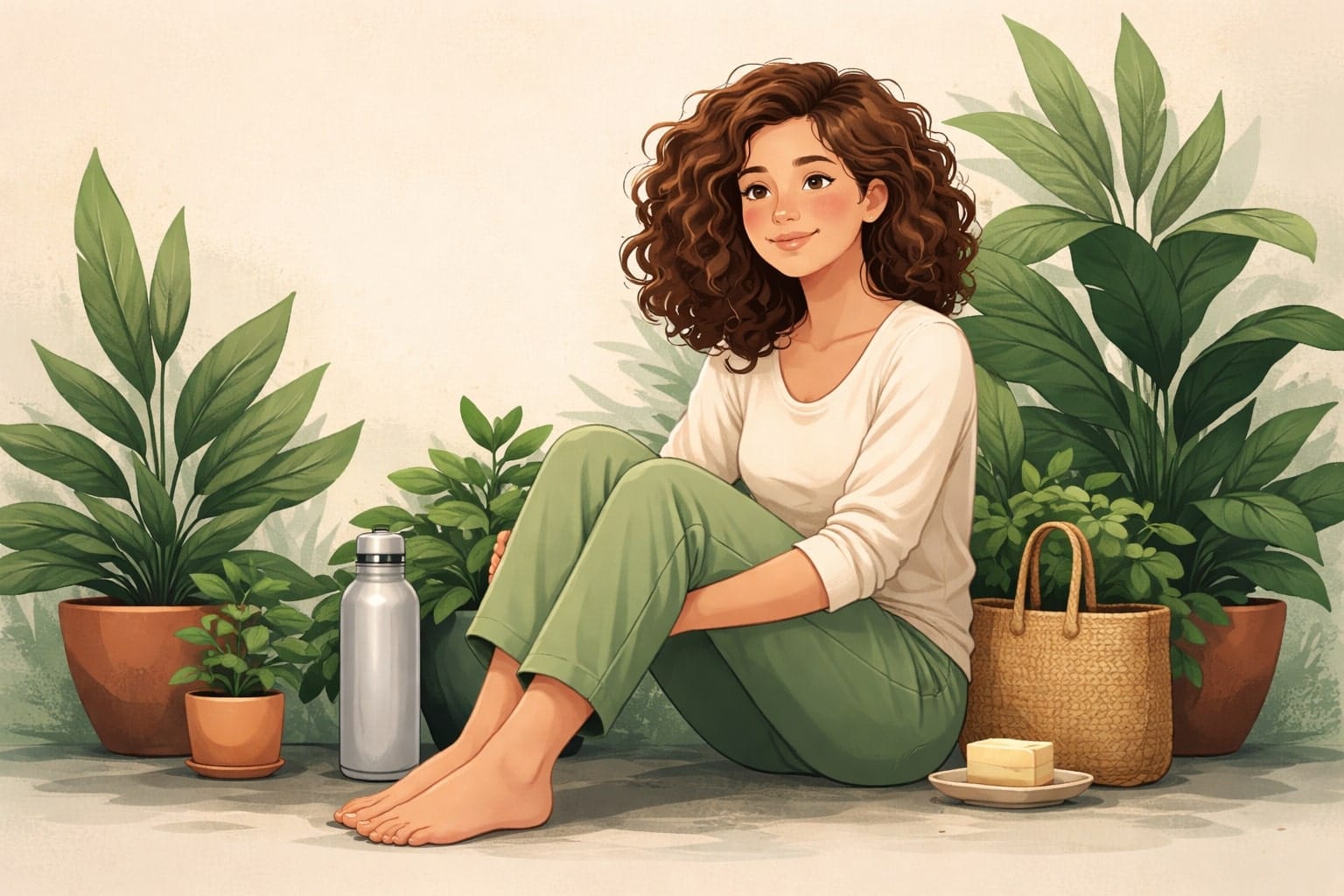 Eco-friendly living illustrated through simple, mindful habits like reusables and indoor plants