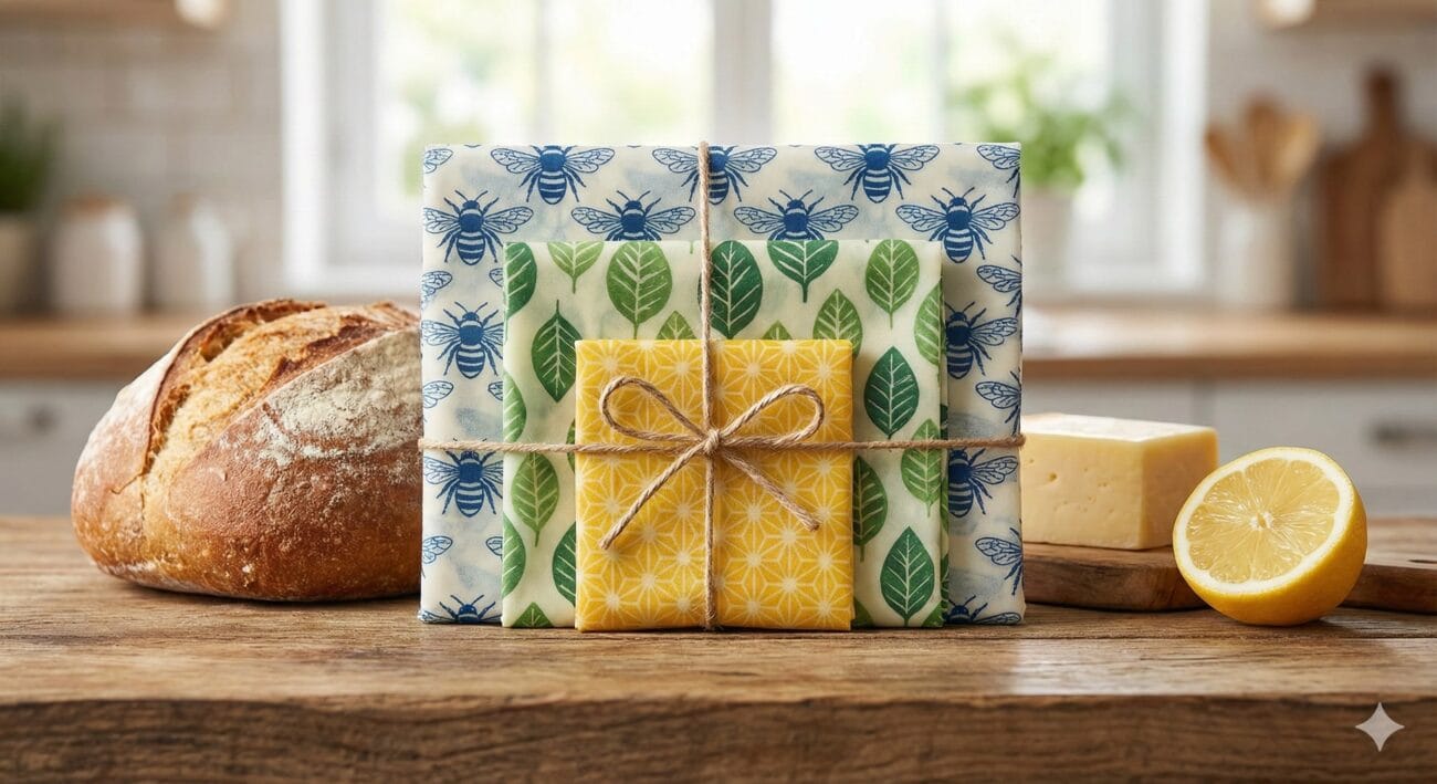Beeswax wraps on kitchen counter with fresh produce