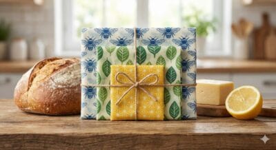 Beeswax wraps on kitchen counter with fresh produce