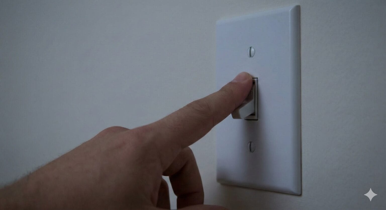 Hand switching off a light switch to save electricity