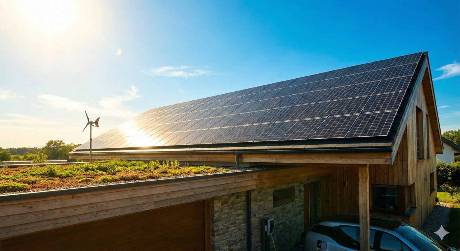 Solar panels on a house roof reducing long-term electricity costs