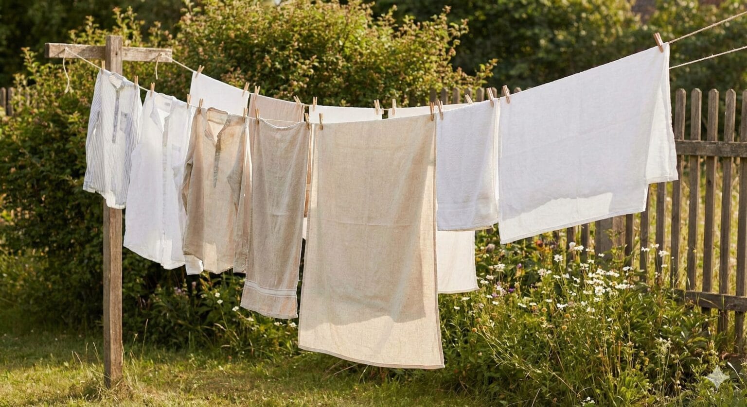 Clothes drying naturally on a clothesline outdoors