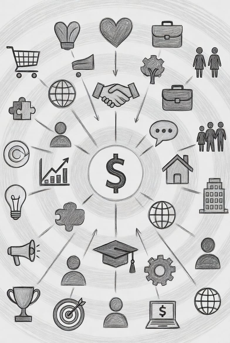 Illustration showing social, economic, and cultural symbols representing collective influence on climate systems