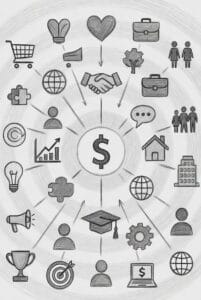 Illustration representing economic systems, livelihoods, and social structures affected by climate change