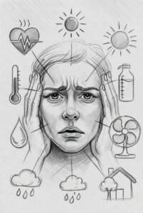 Illustration showing heat stress, dehydration, and climate-related health effects