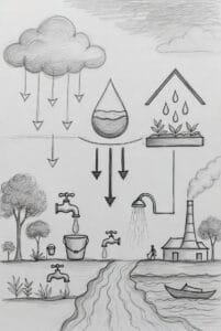 Illustration showing rainfall, water systems, and daily water use affected by climate change
