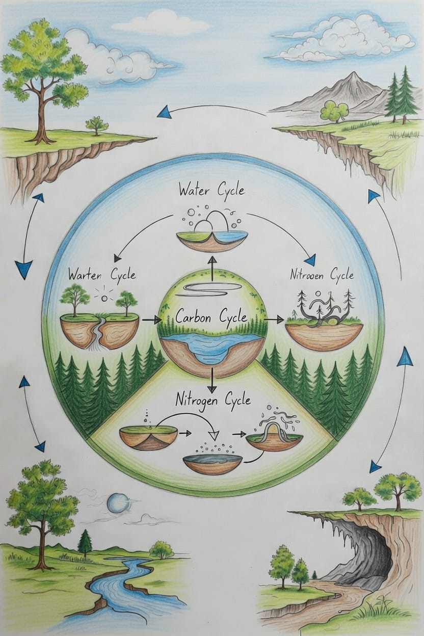 Illustration showing natural climate cycles including the water cycle, carbon cycle, and energy flow on Earth
