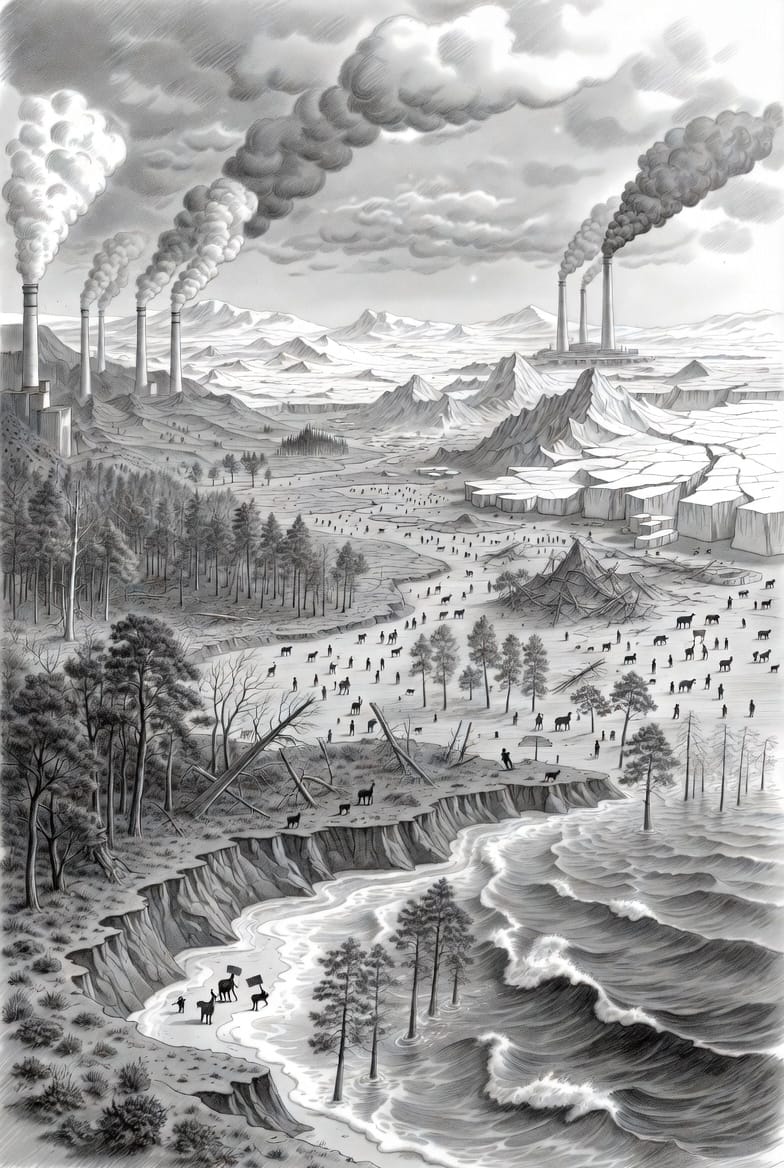 Illustration showing industrial activity and environmental change representing long-term climate patterns