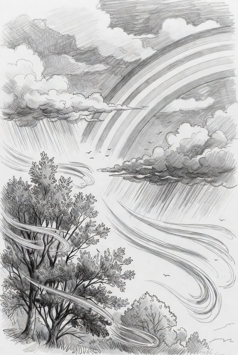 Illustration showing clouds, wind, rain, and sunlight representing short-term weather conditions