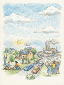 Illustration showing vehicles, factories, and energy use contributing to greenhouse gas emissions