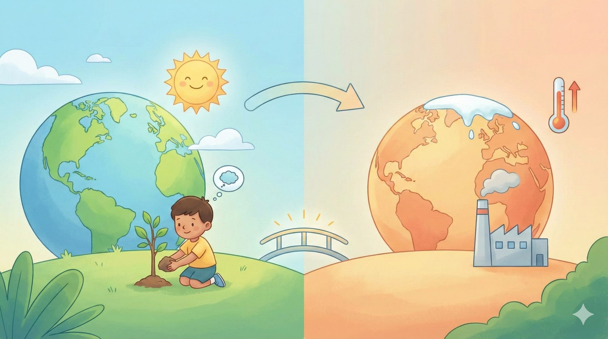 Illustration showing what is climate change patterns, including rising temperatures, melting ice, and shifting weather systems