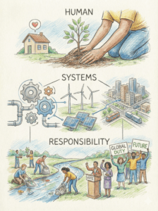 Illustration showing people, cities, technology, and environmental care representing human responsibility for climate systems