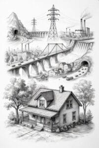 Illustration showing homes, cities, power systems, and infrastructure affected by climate change