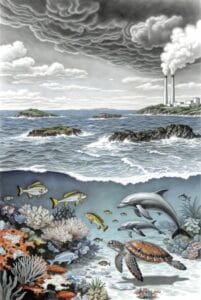 Illustration showing warming oceans, coral reefs, and marine life affected by climate change