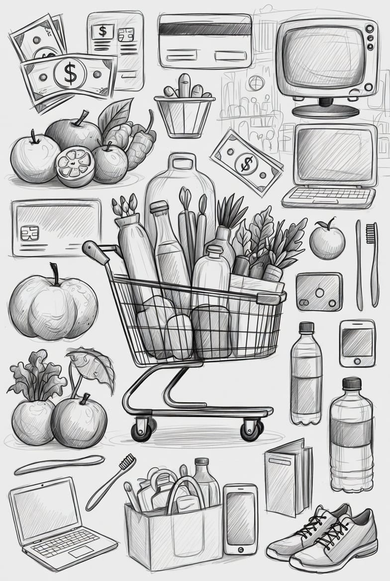 Illustration showing groceries, products, and packaging representing consumption and environmental impact
