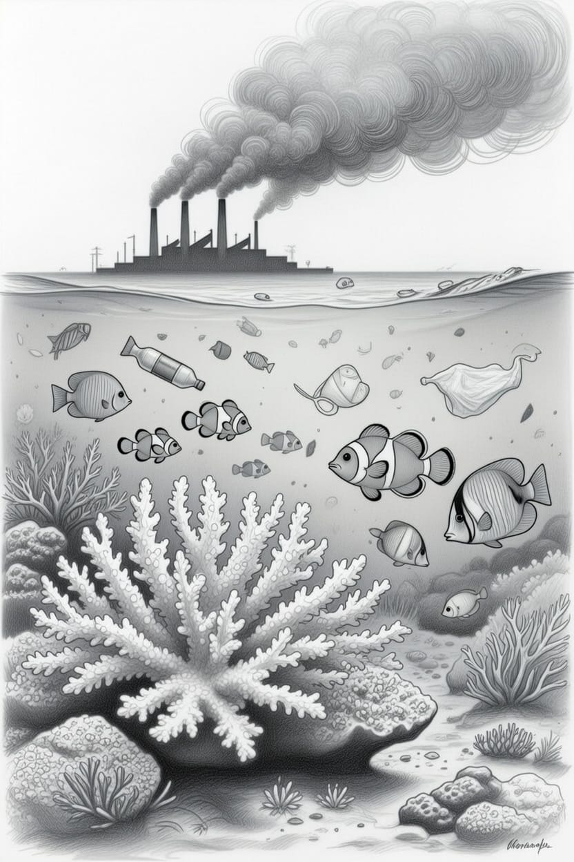 Illustration showing coral reefs and marine life under stress from warming oceans