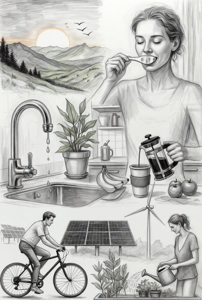 Illustration showing everyday activities like eating, cycling, and home habits connected to environmental impact