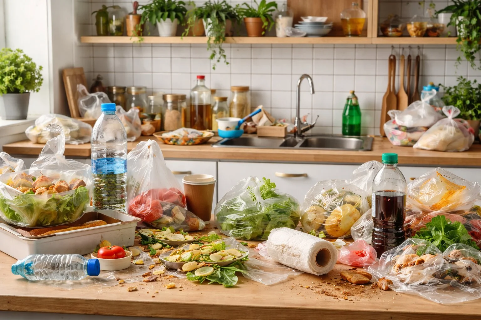 eco friendly kitchen tips with food waste and plastic clutter showing kitchen footprint