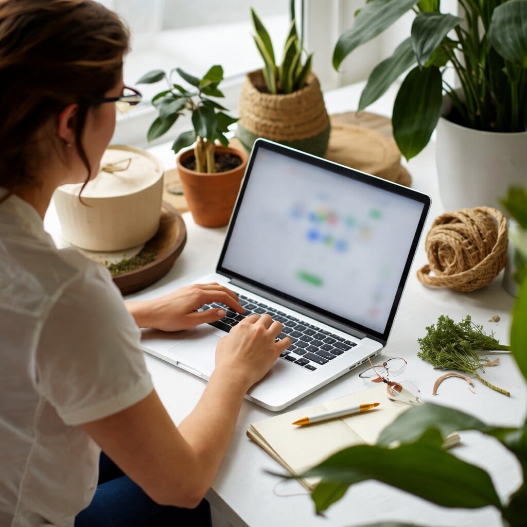Person taking an eco friendly quiz online to get a personalized sustainability plan on a laptop surrounded by indoor plants.