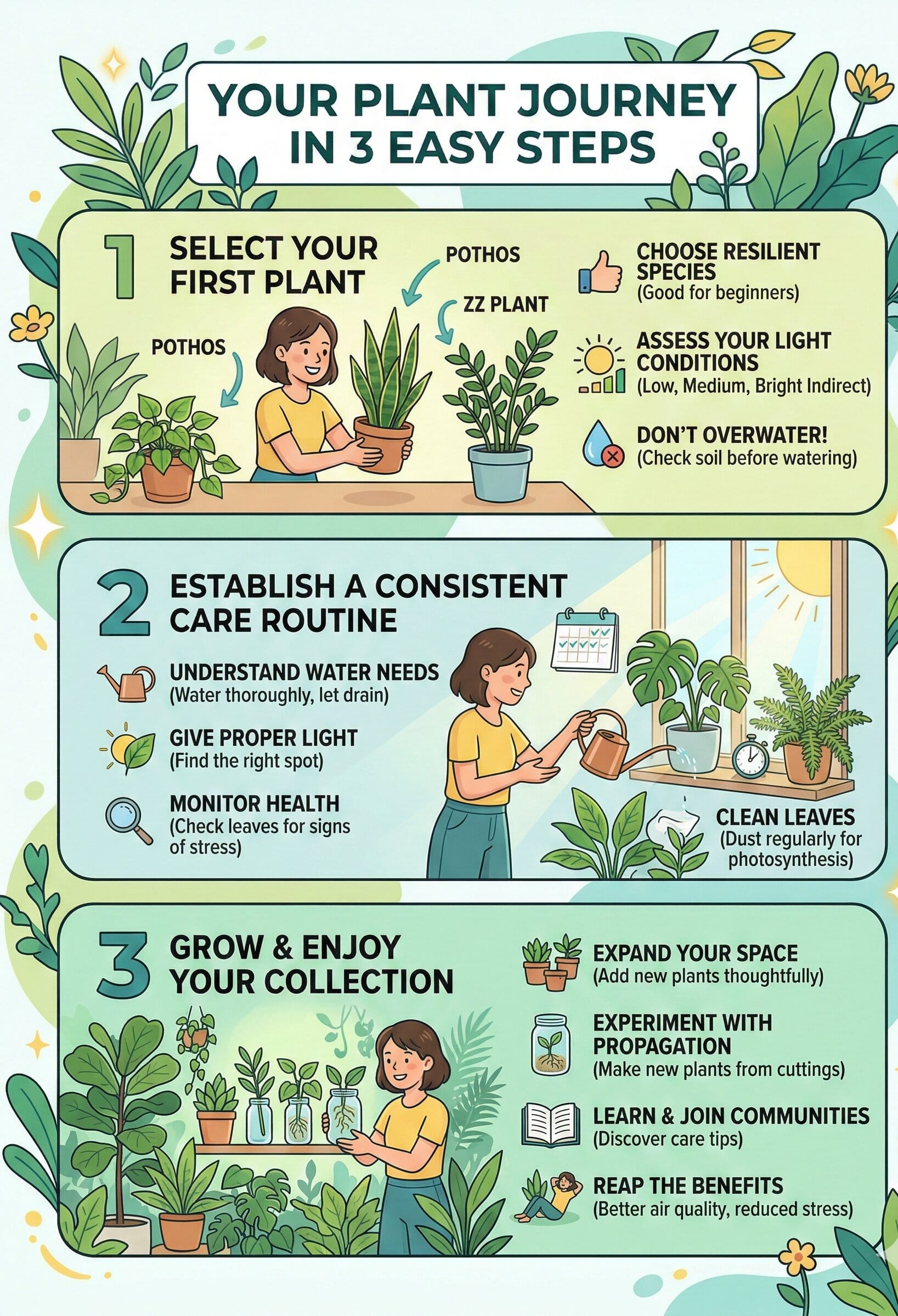 plant care journey for beginners showing steps to grow healthy plants