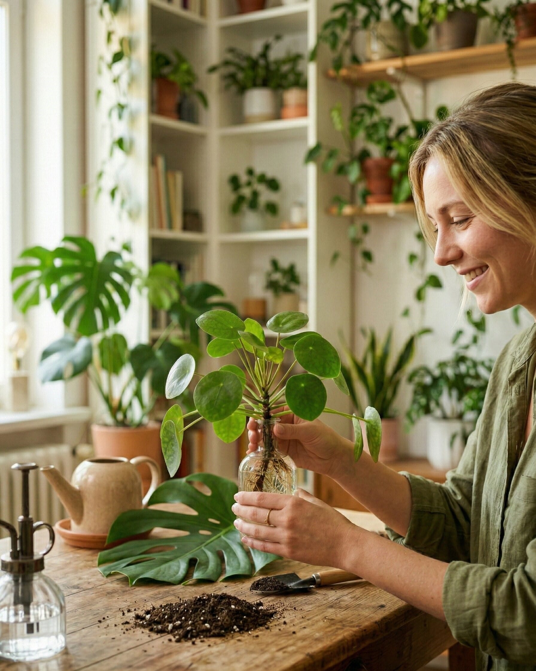 woman taking care of indoor plant at home using plant finder tool