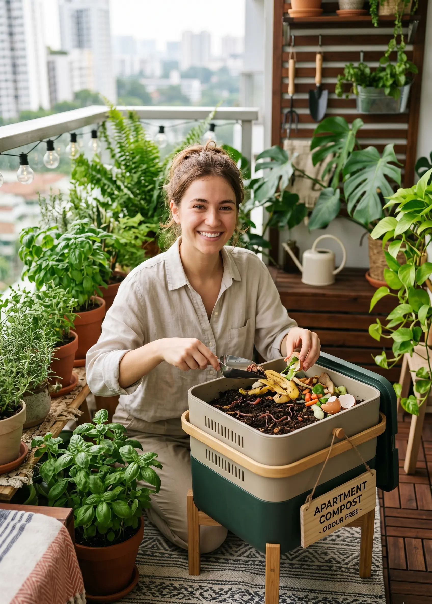 Woman composting kitchen waste in an apartment balcony using an indoor compost bin without smell